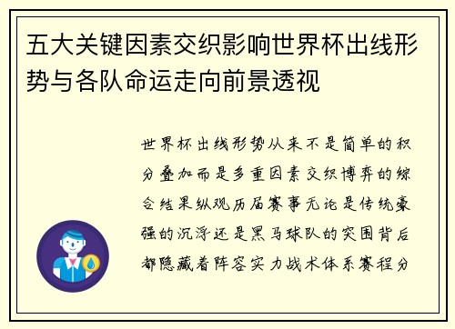 五大关键因素交织影响世界杯出线形势与各队命运走向前景透视