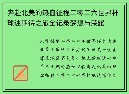 奔赴北美的热血征程二零二六世界杯球迷期待之旅全记录梦想与荣耀 奔赴北美的热血征程二零二六世界杯球迷期待之旅全记录梦想与荣耀
